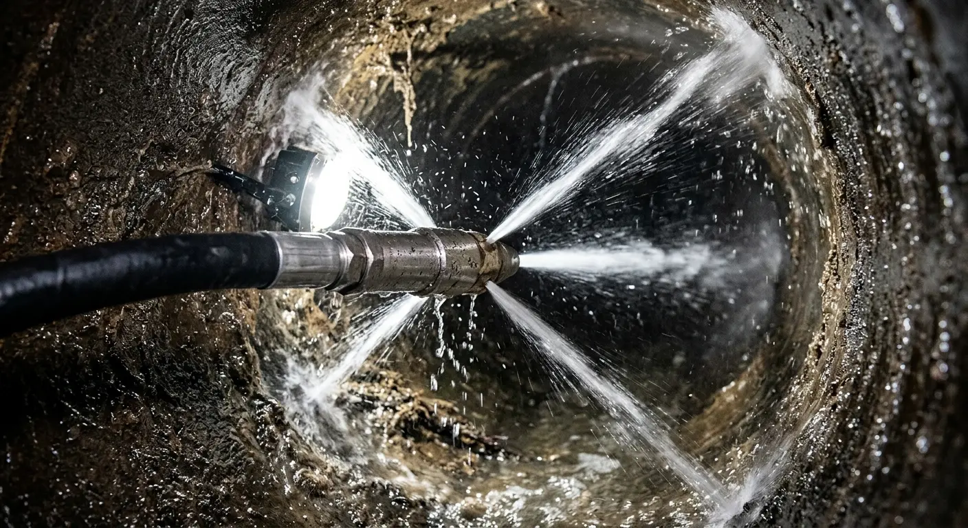 High-pressure hydro jetting nozzle cleaning sewer pipe for Sewer Cleanout in Lantana