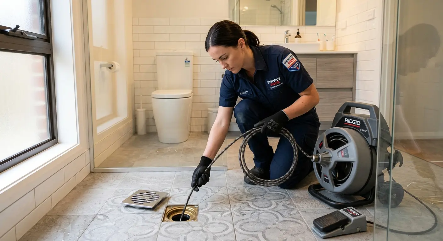 Technician clearing a bathroom floor drain for Sewer Line Replacement in Lantana